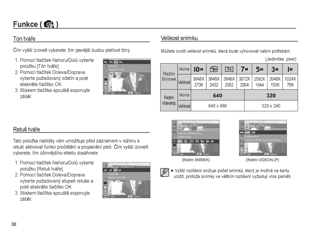 Samsung EC-ES15ZPBA/E3, EC-ES15ZPBA/AR, EC-ES15ZWBA/E3, EC-ES15ZSBA/E3, EC-ES15ZBBA/E3 Tón tváĜe Velikost snímku, Retuš tváĜe 