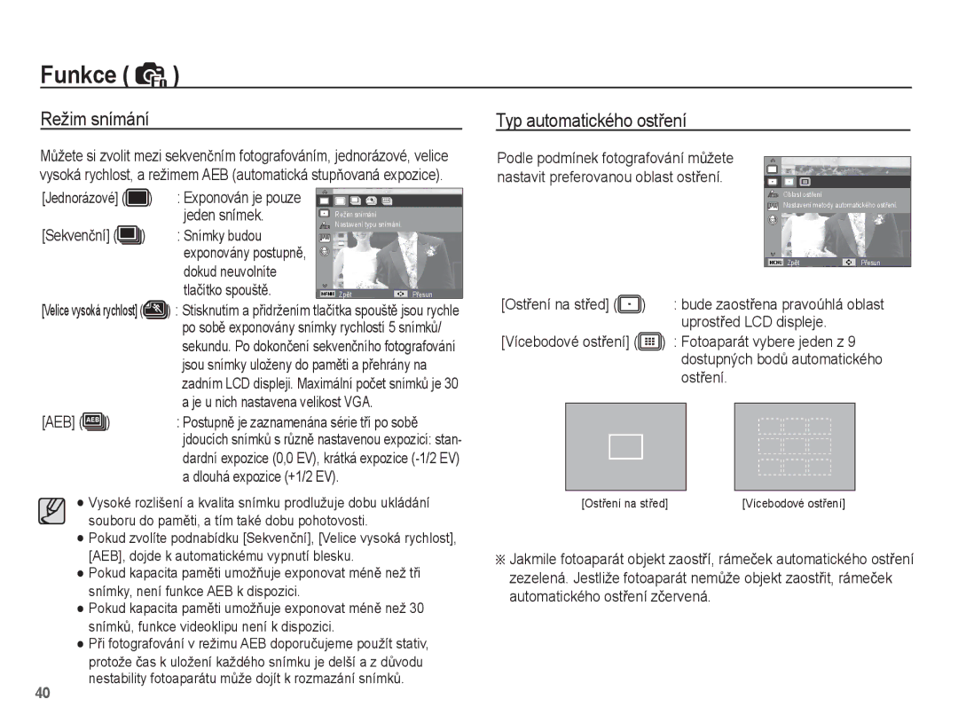 Samsung EC-ES15ZWBA/AR, EC-ES15ZPBA/AR, EC-ES15ZWBA/E3, EC-ES15ZSBA/E3 manual Režim snímání Typ automatického ostĜení 