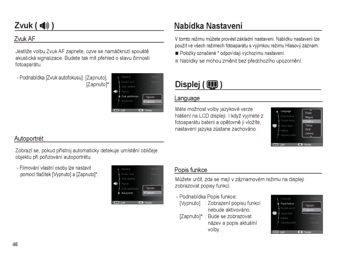 Samsung EC-ES15ZBBA/AR, EC-ES15ZPBA/AR, EC-ES15ZWBA/E3, EC-ES15ZSBA/E3, EC-ES15ZBBA/E3 manual Nabídka Nastavení, Displej 