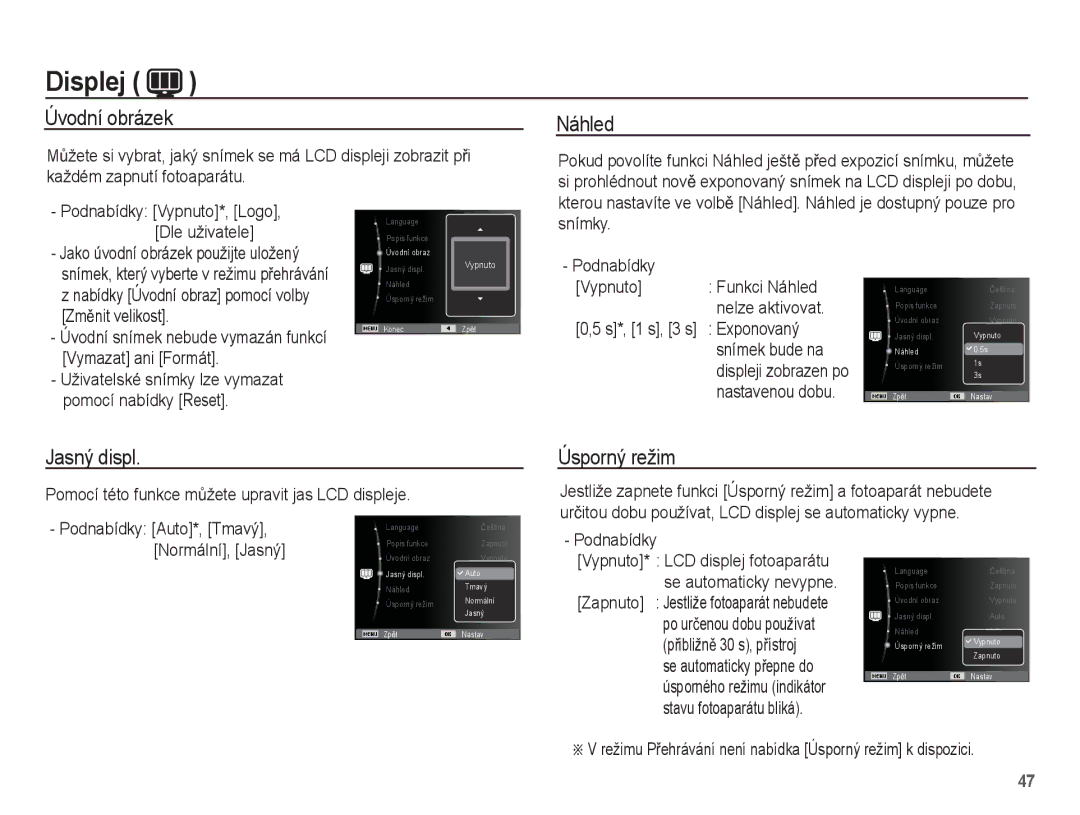 Samsung EC-ES15ZWBA/AR, EC-ES15ZPBA/AR, EC-ES15ZWBA/E3, EC-ES15ZSBA/E3, EC-ES15ZBBA/E3 manual Jasný displ, Úsporný režim 