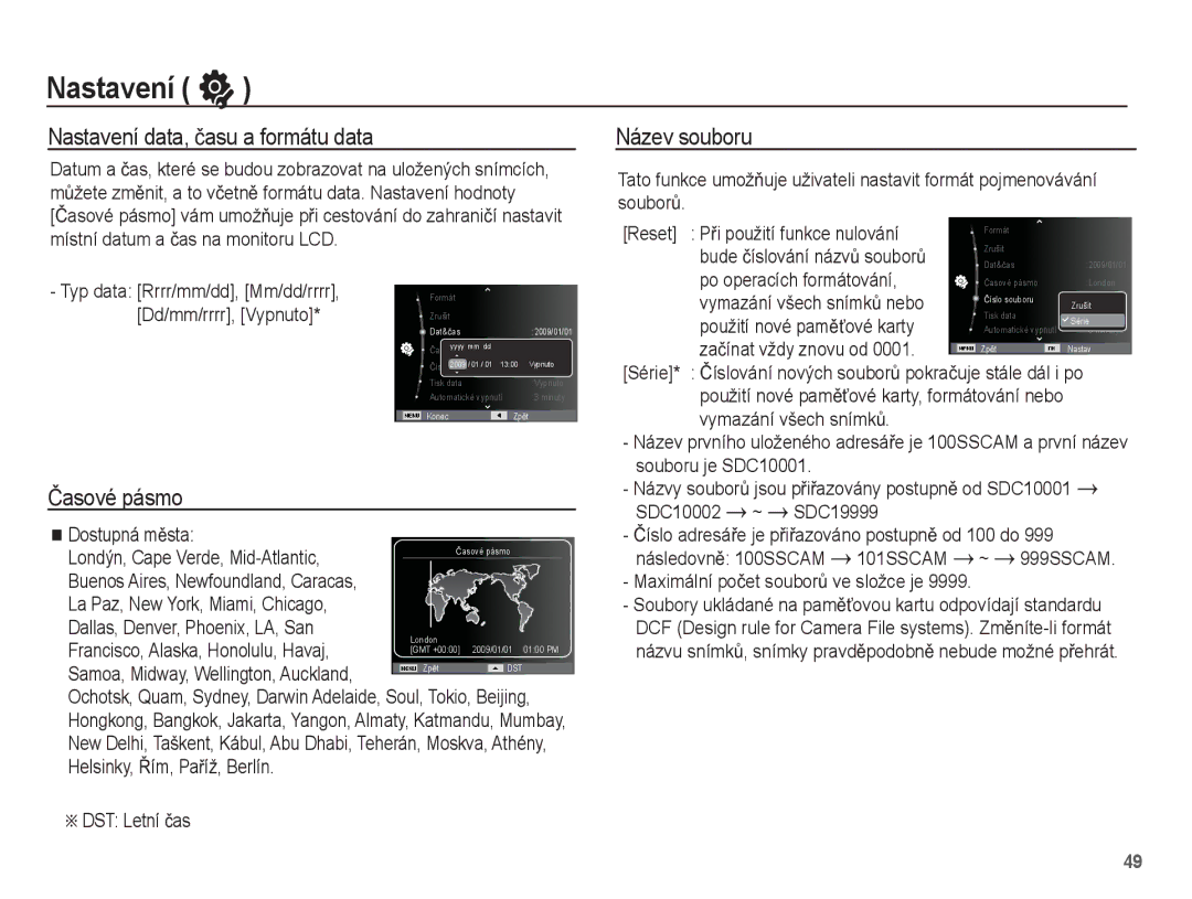 Samsung EC-ES15ZWBA/E3, EC-ES15ZPBA/AR, EC-ES15ZSBA/E3 Nastavení data, þasu a formátu data, Ýasové pásmo, Název souboru 