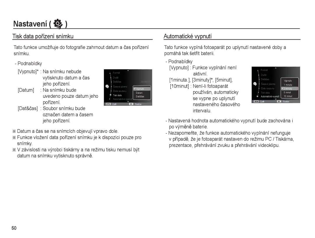 Samsung EC-ES15ZSBA/E3, EC-ES15ZPBA/AR, EC-ES15ZWBA/E3, EC-ES15ZBBA/E3 manual Tisk data poĜízení snímku, Automatické vypnutí 