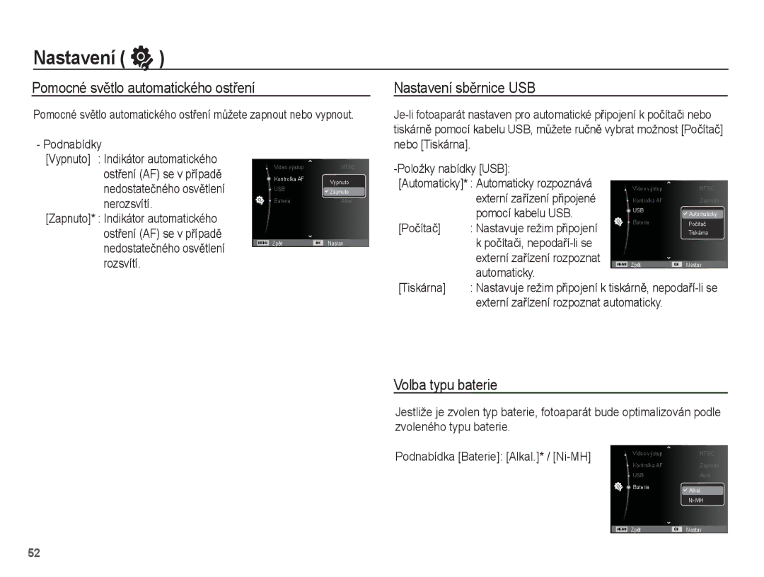 Samsung EC-ES15ZPBA/E3, EC-ES15ZPBA/AR Pomocné svČtlo automatického ostĜení, Nastavení sbČrnice USB, Volba typu baterie 