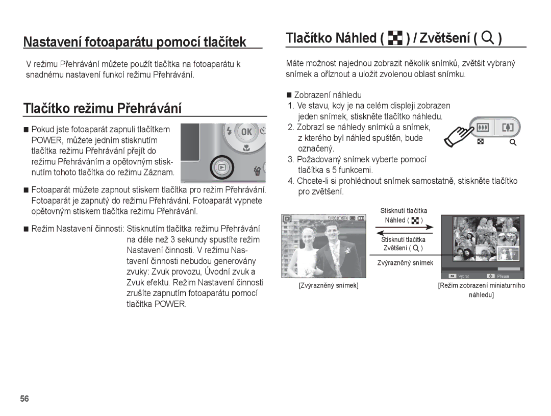 Samsung EC-ES15ZWBA/E3, EC-ES15ZPBA/AR manual Tlaþítko režimu PĜehrávání, Tlaþítko Náhled º / ZvČtšení í, Zobrazení náhledu 