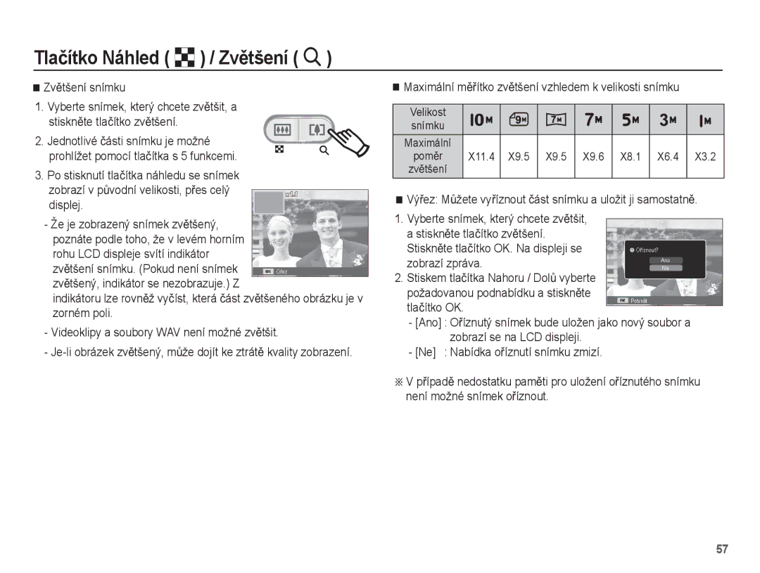 Samsung EC-ES15ZSBA/E3 ZvČtšení snímku, StisknČte tlaþítko OK. Na displeji se zobrazí zpráva, Þ Č Zorném poli Tlaþítko OK 