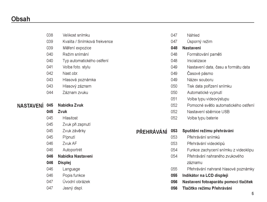 Samsung EC-ES15ZWBA/AR, EC-ES15ZPBA/AR manual 052, Záznamu, Language 055, Popis funkce, 047 Úvodní obrázek, Jasný displ 