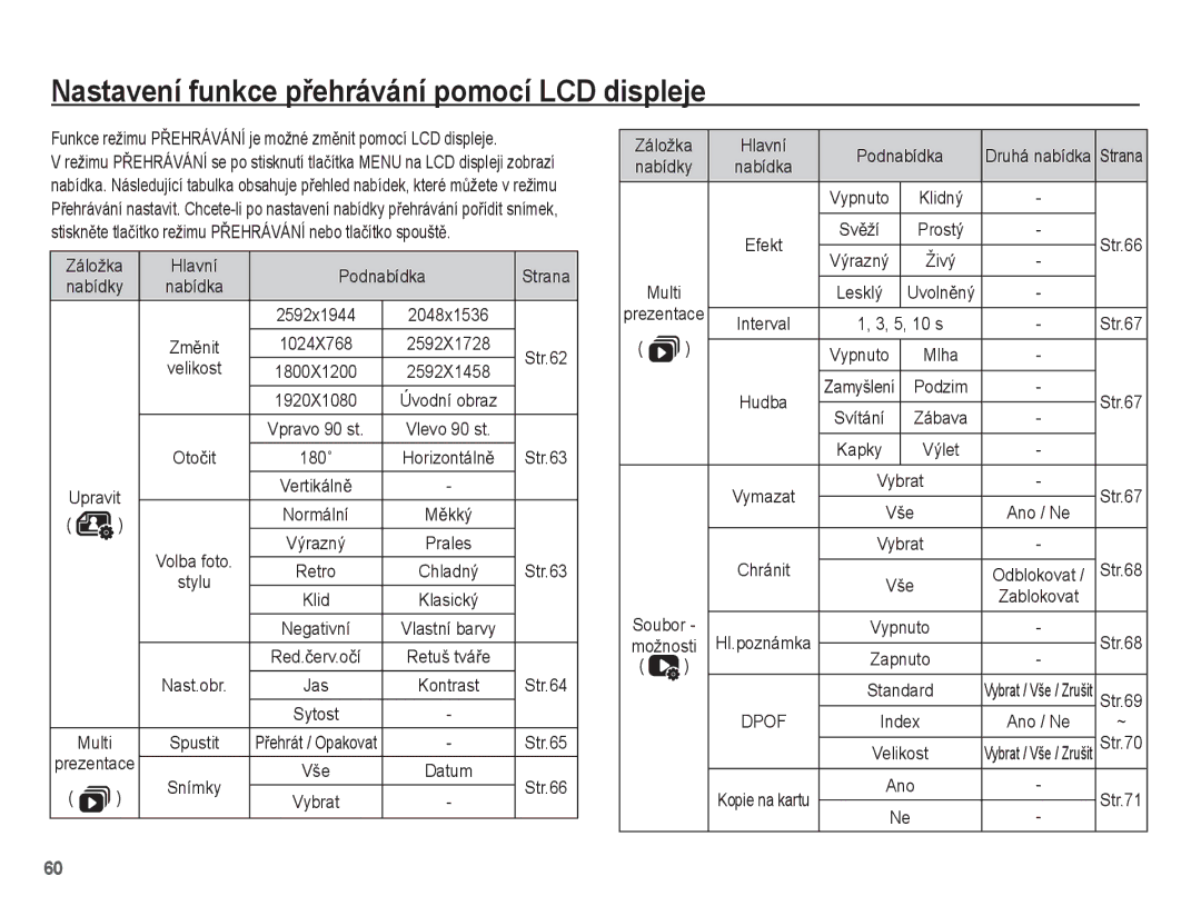 Samsung EC-ES15ZBBA/AR manual Nastavení funkce pĜehrávání pomocí LCD displeje, Záložka Hlavní Podnabídka Strana, Velikost 