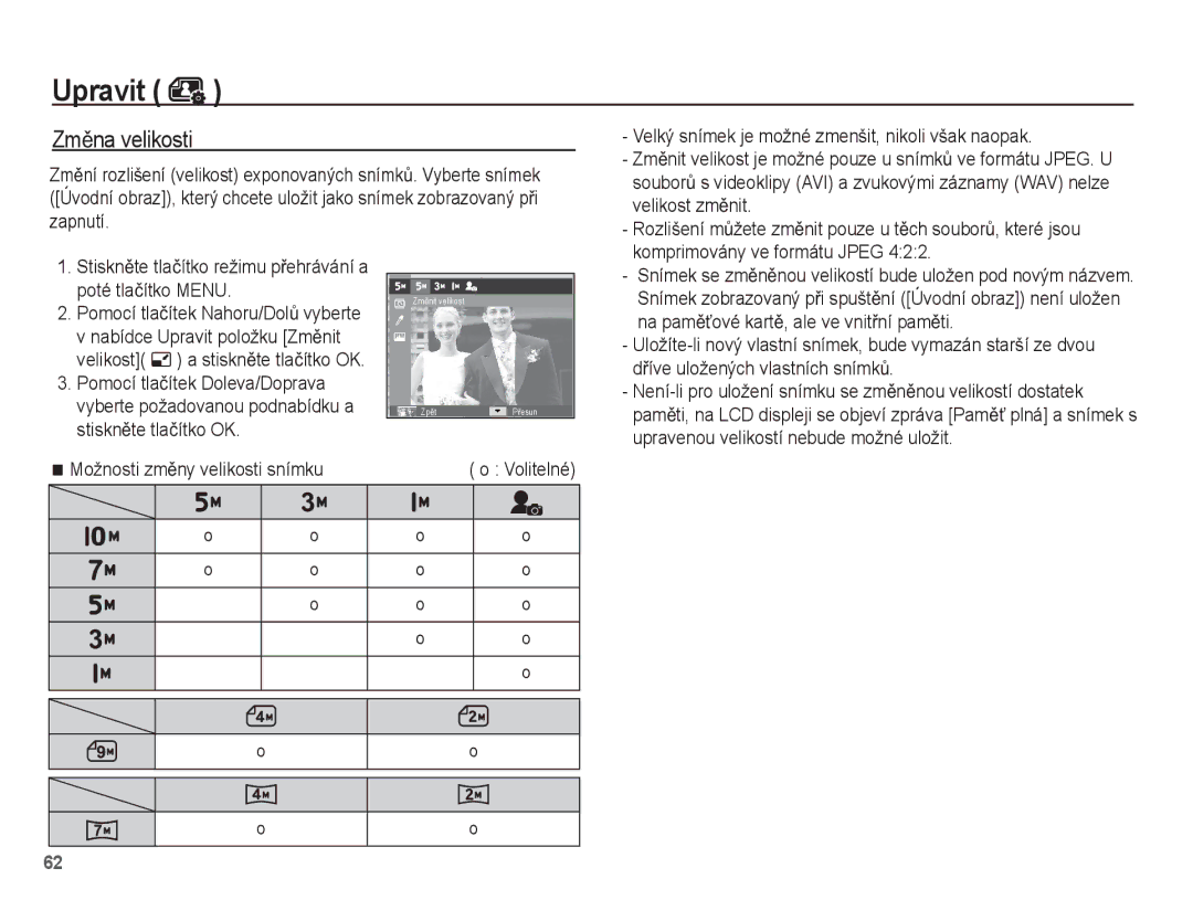 Samsung EC-ES15ZPBA/AR, EC-ES15ZWBA/E3, EC-ES15ZSBA/E3, EC-ES15ZBBA/E3, EC-ES15ZPBA/E3 manual Upravit, ZmČna velikosti 