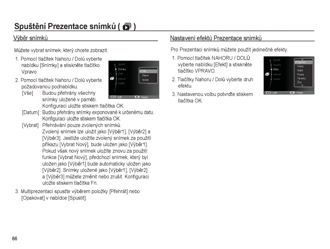 Samsung EC-ES15ZPBA/E3 manual VýbČr snímkĤ, Nastavení efektĤ Prezentace snímkĤ, MĤžete vybrat snímek, který chcete zobrazit 