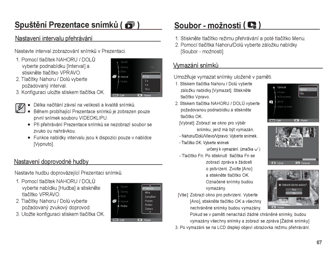 Samsung EC-ES15ZBBA/AR, EC-ES15ZPBA/AR manual Nastavení intervalu pĜehrávání, Vymazání snímkĤ, Nastavení doprovodné hudby 