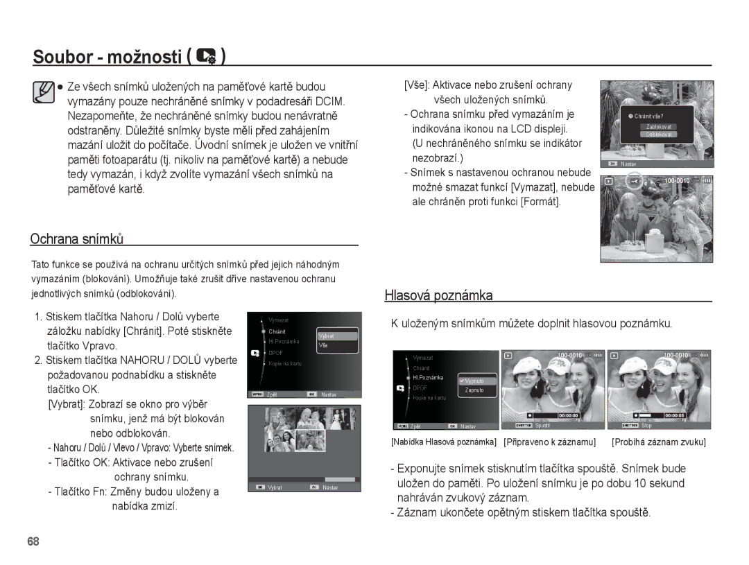 Samsung EC-ES15ZWBA/AR, EC-ES15ZPBA/AR Soubor možnosti, Ochrana snímkĤ, Uloženým snímkĤm mĤžete doplnit hlasovou poznámku 