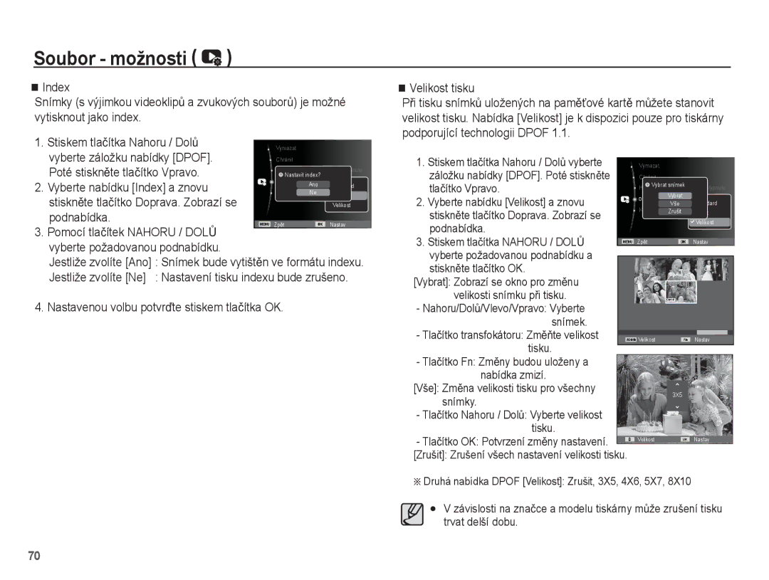 Samsung EC-ES15ZWBA/E3 manual Vyberte záložku nabídky Dpof, Poté stisknČte tlaþítko Vpravo, Vyberte nabídku Index a znovu 