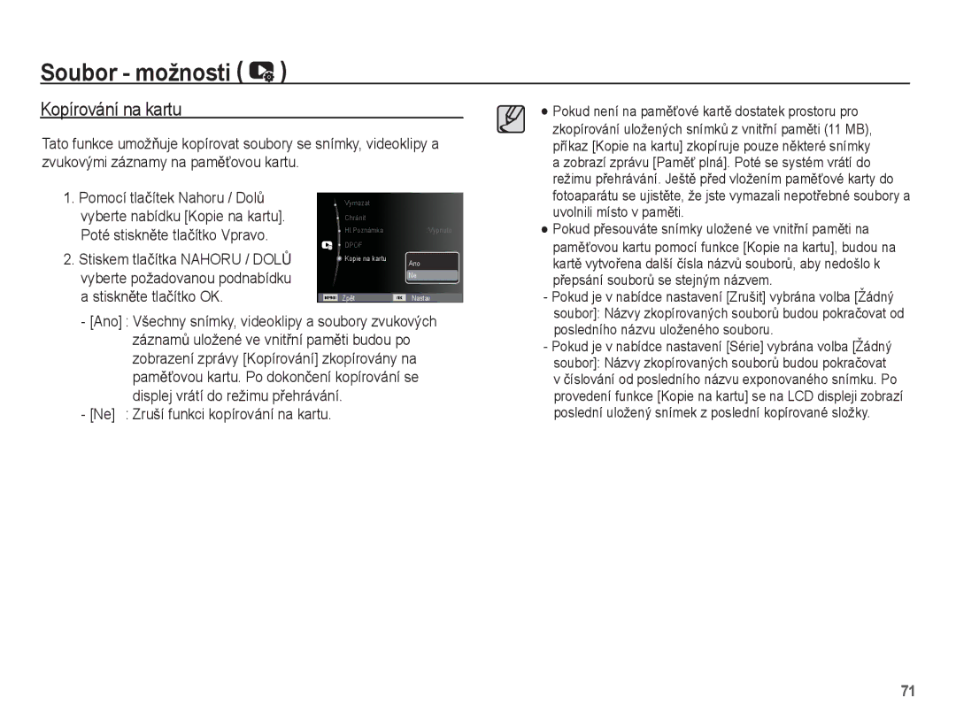 Samsung EC-ES15ZSBA/E3 manual Kopírování na kartu, Ne Zruší funkci kopírování na kartu, Posledního názvu uloženého souboru 