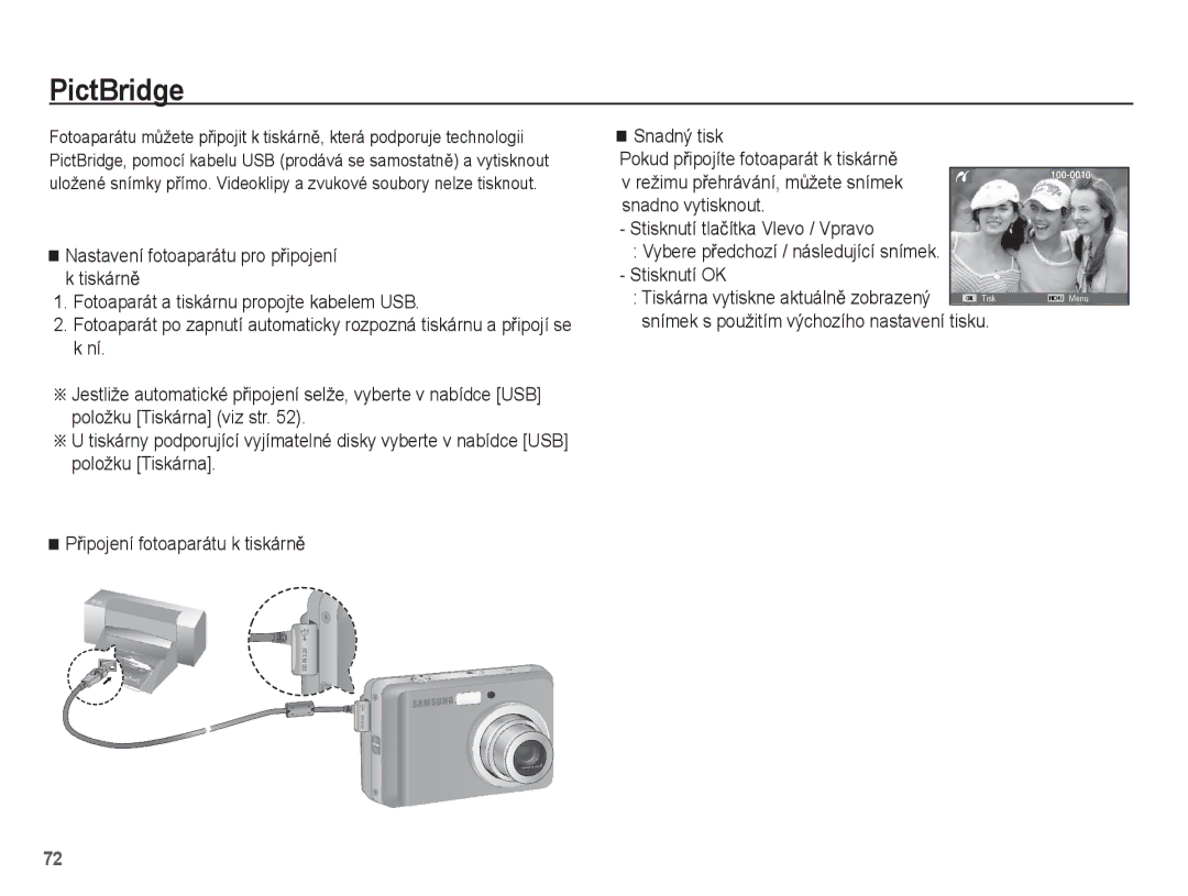 Samsung EC-ES15ZBBA/E3, EC-ES15ZPBA/AR, EC-ES15ZWBA/E3 manual PictBridge, Snímek s použitím výchozího nastavení tisku 