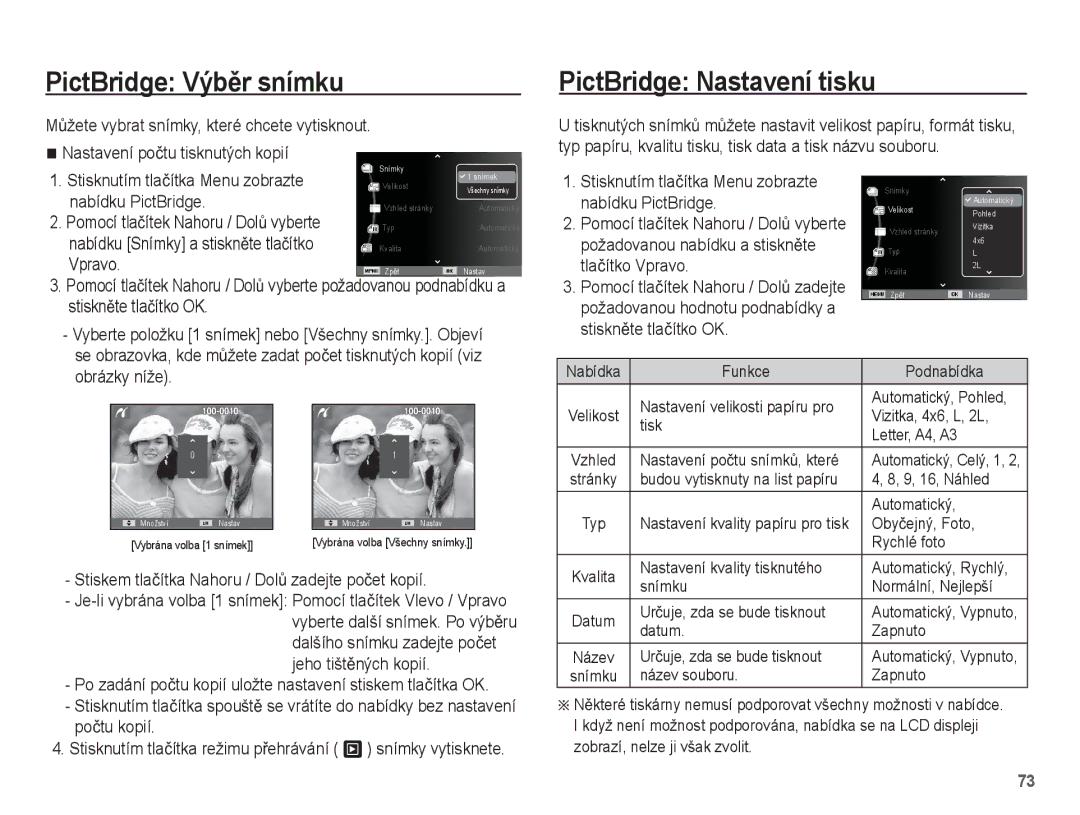 Samsung EC-ES15ZPBA/E3, EC-ES15ZPBA/AR, EC-ES15ZWBA/E3, EC-ES15ZSBA/E3 PictBridge VýbČr snímku, PictBridge Nastavení tisku 