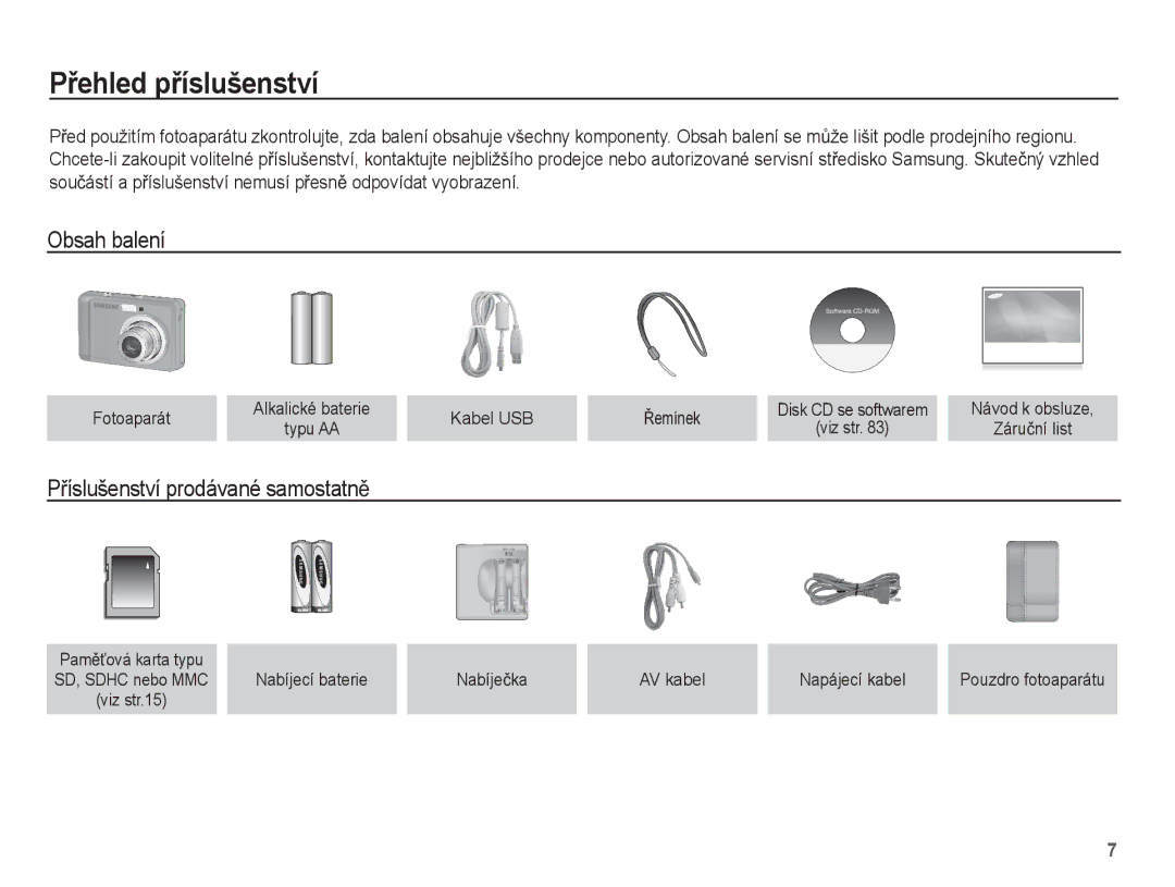 Samsung EC-ES15ZWBA/E3, EC-ES15ZPBA/AR manual PĜehled pĜíslušenství, Obsah balení, PĜíslušenství prodávané samostatnČ 