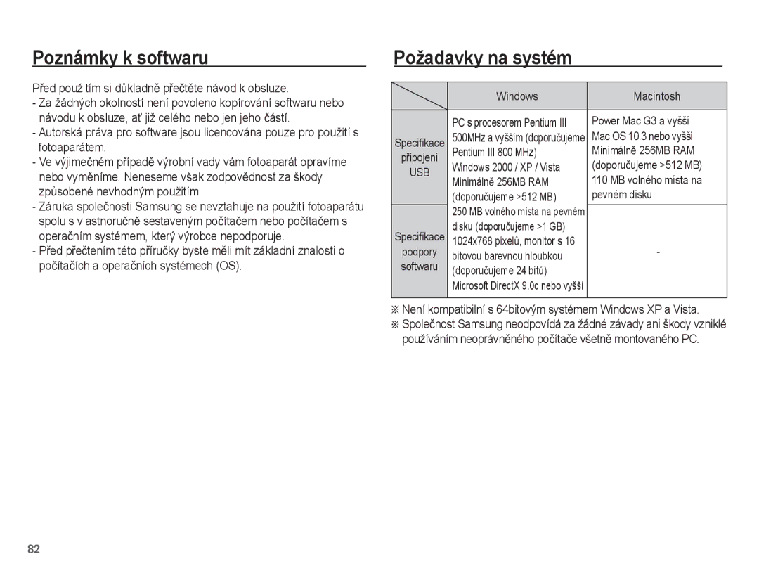 Samsung EC-ES15ZWBA/AR manual Poznámky k softwaru, Požadavky na systém, PĜed použitím si dĤkladnČ pĜeþtČte návod k obsluze 