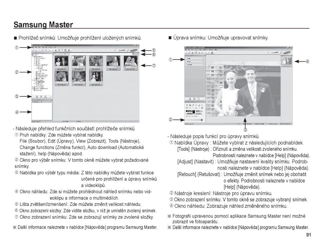 Samsung EC-ES15ZWBA/E3 manual Nástroje kreslení Nástroje pro úpravu snímku, Okno náhledu Zobrazuje náhled zmČnČného snímku 