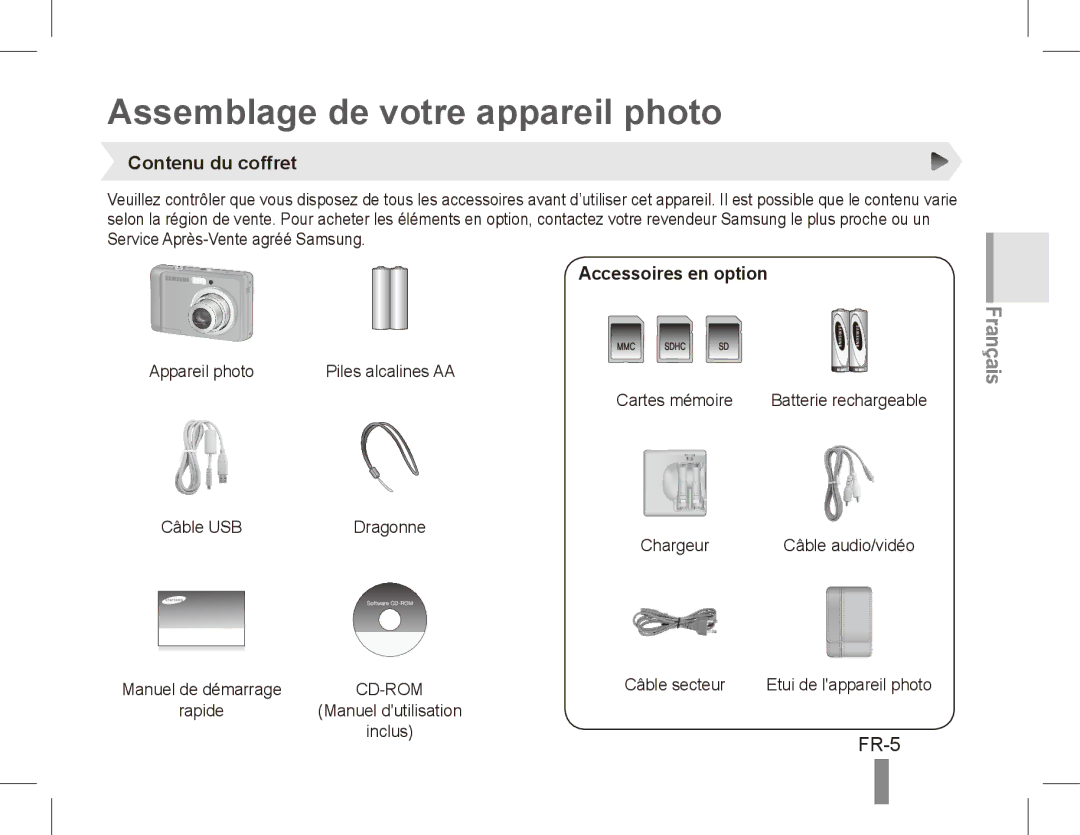 Samsung EC-ES15ZWBA/VN, EC-ES15ZPBA/FR Assemblage de votre appareil photo, FR-5, Contenu du coffret, Accessoires en option 