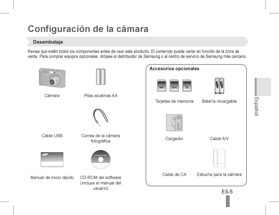 Samsung EC-ES15ZWBA/E2, EC-ES15ZPBA/FR, EC-ES15ZWBA/FR Configuración de la cámara, ES-5, Desembalaje, Accesorios opcionales 