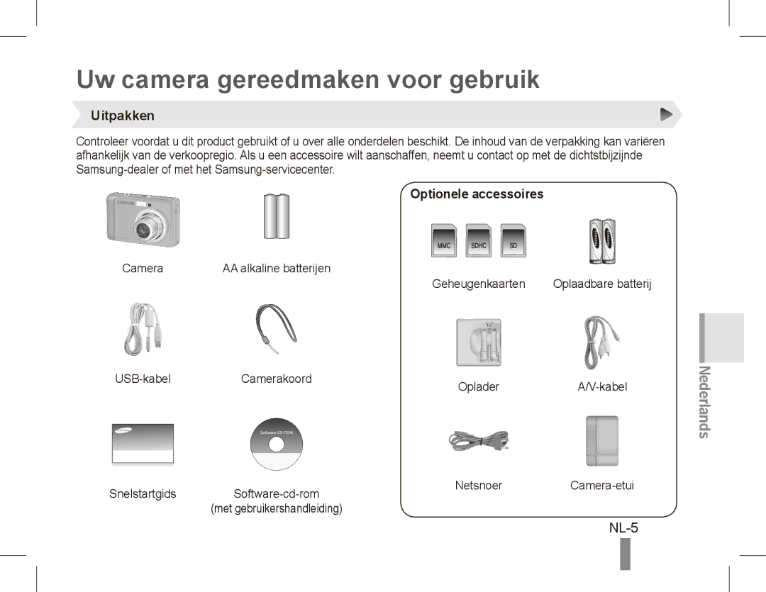 Samsung EC-ES15ZBDA/ME, EC-ES15ZPBA/FR manual Uw camera gereedmaken voor gebruik, NL-5, Uitpakken, Optionele accessoires 