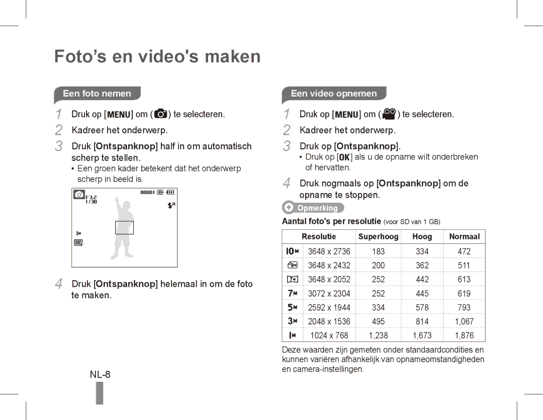 Samsung EC-ES15ZPBA/SA, EC-ES15ZPBA/FR Foto’s en videos maken, NL-8, Een foto nemen, Te maken, Resolutie Superhoog Hoog 