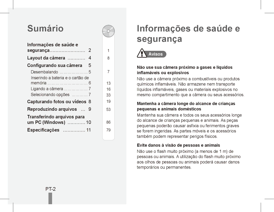 Samsung EC-ES15ZBBA/SA Sumário, Informações de saúde e segurança, PT-2, Layout da câmera… …………, Especificações… …………… 