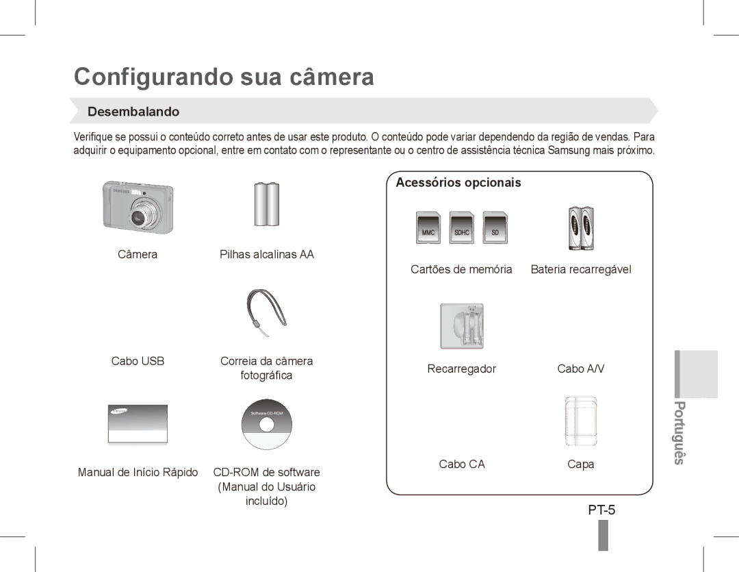 Samsung EC-ES15ZSBA/VN, EC-ES15ZPBA/FR, EC-ES15ZWBA/FR manual Configurando sua câmera, Desembalando, Acessórios opcionais 