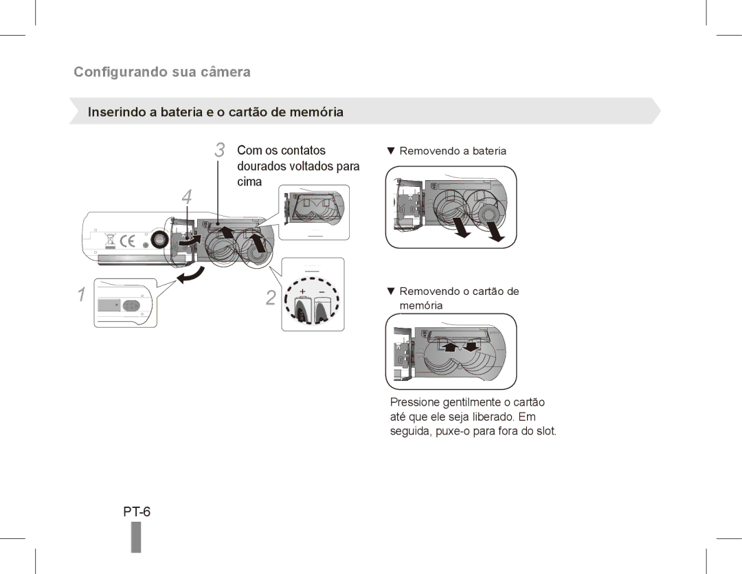 Samsung EC-ES15ZWBA/VN manual PT-6, Inserindo a bateria e o cartão de memória, Com os contatos, Dourados voltados para Cima 