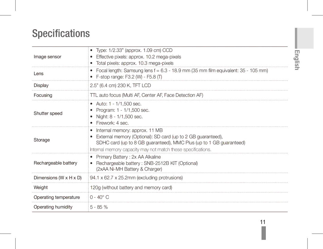 Samsung EC-ES15ZBBA/E1, EC-ES15ZPBA/FR, EC-ES15ZWBA/FR, EC-ES15ZSBA/FR, EC-ES15ZBBA/FR, EC-ES15ZWBA/IT manual Specifications 