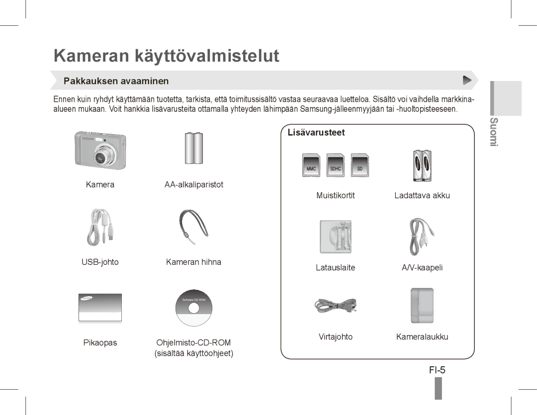 Samsung EC-ES15ZWBA/SA, EC-ES15ZPBA/FR, EC-ES15ZWBA/FR Kameran käyttövalmistelut, FI-5, Pakkauksen avaaminen, Lisävarusteet 