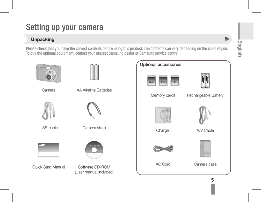 Samsung EC-ES15ZPBA/IT, EC-ES15ZPBA/FR, EC-ES15ZWBA/FR, EC-ES15ZSBA/FR, EC-ES15ZBBA/FR manual Unpacking, Optional accessories 