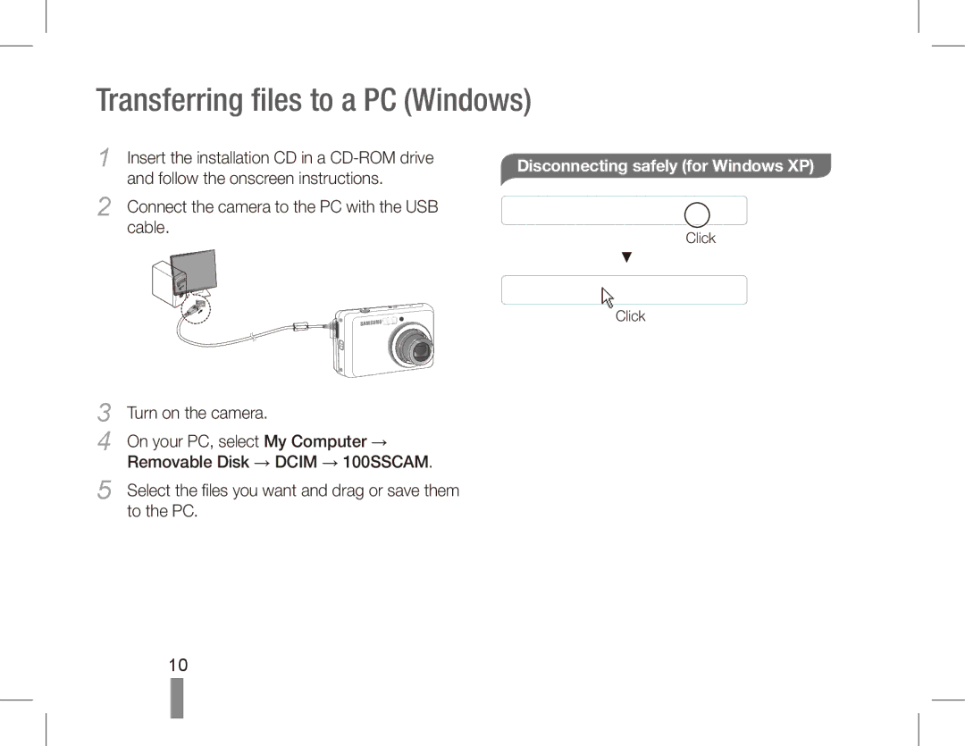 Samsung EC-ES15ZPBA/E1 manual Disconnecting safely for Windows XP, Connect the camera to the PC with the USB Cable, Click 