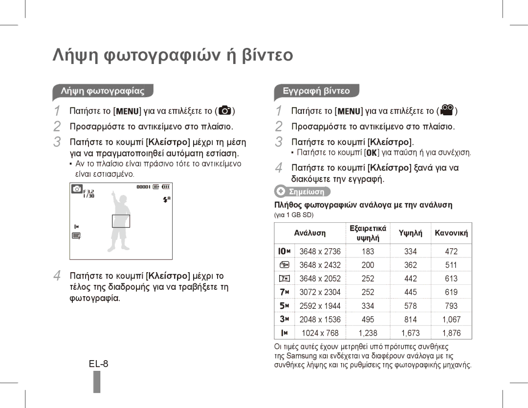 Samsung EC-ES15ZPBA/VN, EC-ES15ZPBA/FR, EC-ES15ZWBA/FR Λήψη φωτογραφιών ή βίντεο, EL-8, Λήψη φωτογραφίας, Εγγραφή βίντεο 