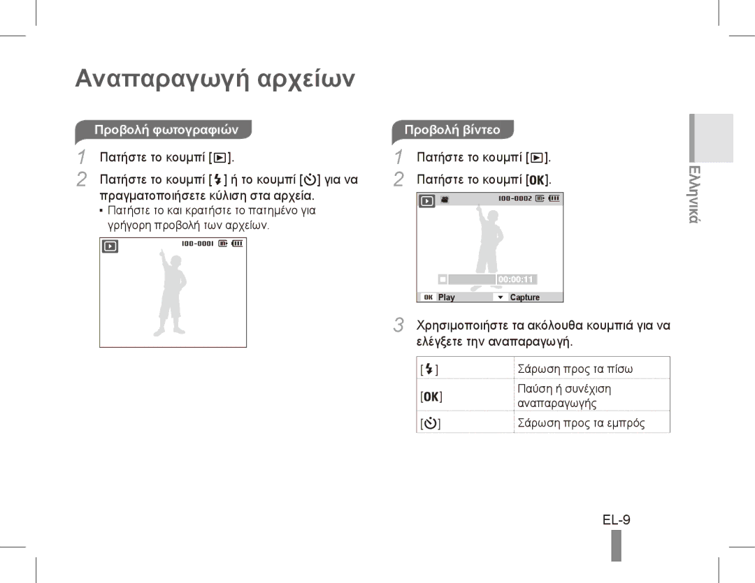 Samsung EC-ES15ZBBA/RU manual Αναπαραγωγή αρχείων, EL-9, Προβολή φωτογραφιών, Ελέγξετε την αναπαραγωγή, Προβολή βίντεο 