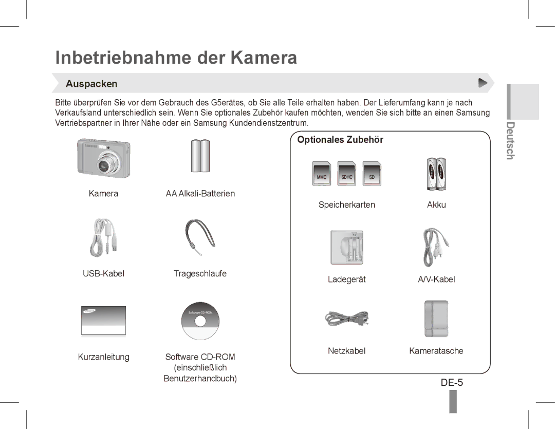 Samsung EC-ES15ZWBA/SA, EC-ES15ZPBA/FR, EC-ES15ZWBA/FR manual Inbetriebnahme der Kamera, DE-5, Auspacken, Optionales Zubehör 