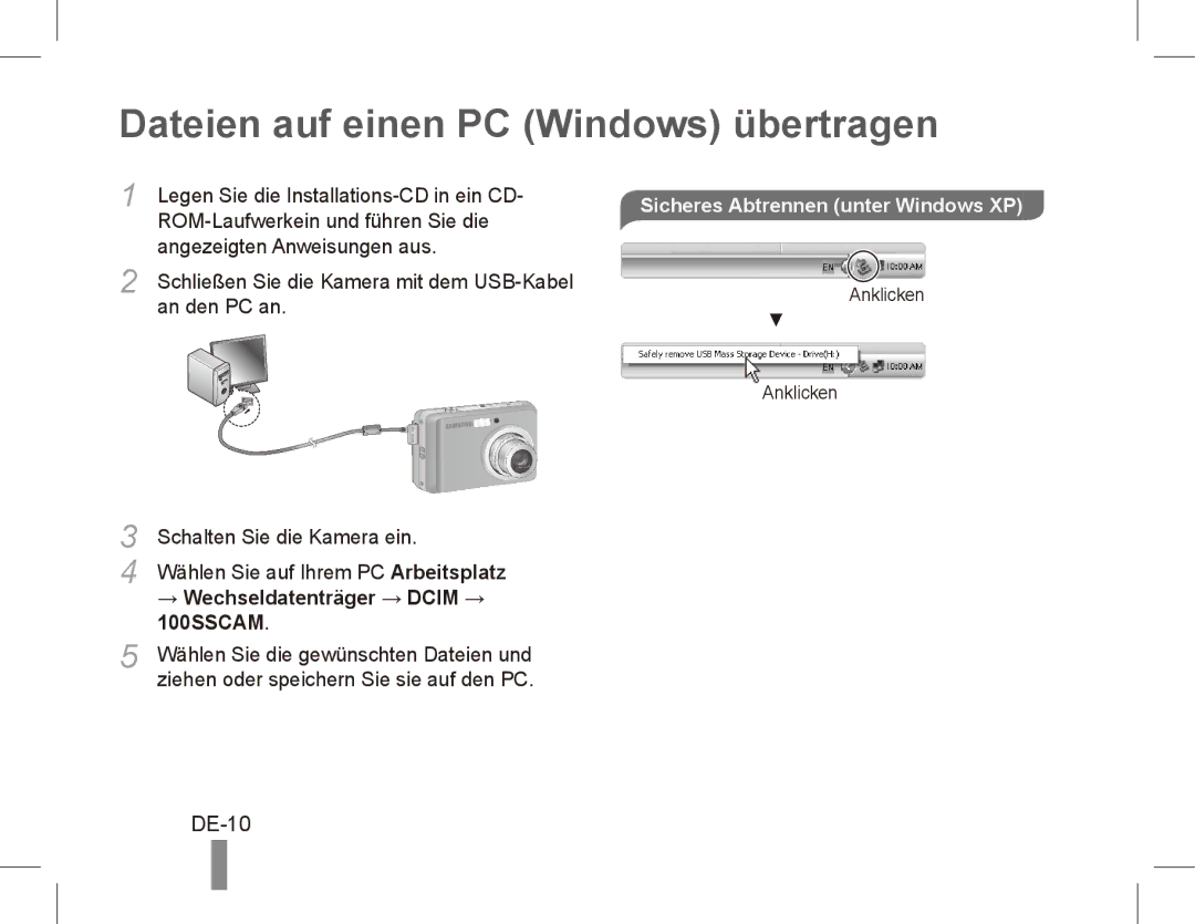 Samsung EC-ES15ZSDA/ME, EC-ES15ZPBA/FR manual Dateien auf einen PC Windows übertragen, DE-10, → Wechseldatenträger → Dcim → 