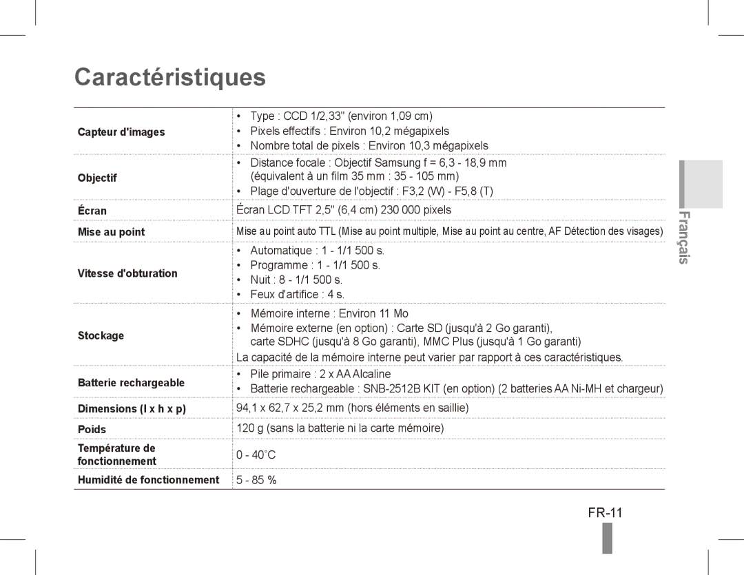 Samsung EC-ES15ZPBA/E3, EC-ES15ZPBA/FR, EC-ES15ZWBA/FR, EC-ES15ZSBA/FR, EC-ES15ZBBA/FR, EC-ES15ZWBA/IT Caractéristiques, FR-11 