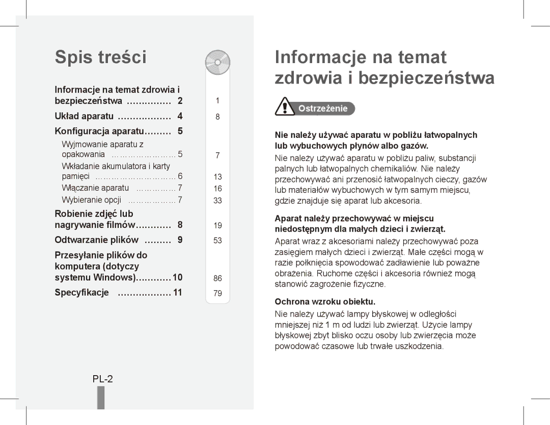 Samsung EC-ES15ZWBA/FR, EC-ES15ZPBA/FR manual Spis treści, Informacje na temat zdrowia i bezpieczeństwa, PL-2, Ostrzeżenie 