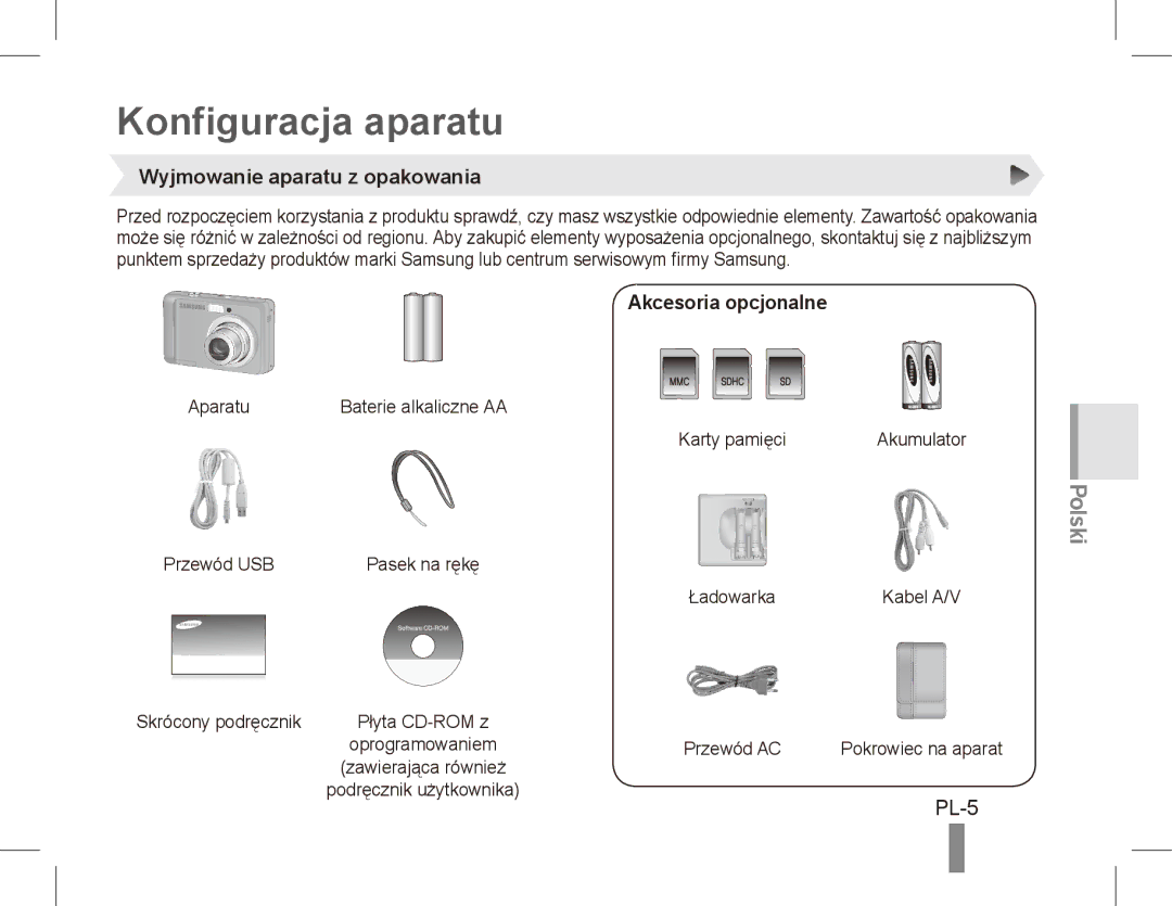 Samsung EC-ES15ZWBA/IT, EC-ES15ZPBA/FR Konfiguracja aparatu, PL-5, Wyjmowanie aparatu z opakowania, Akcesoria opcjonalne 