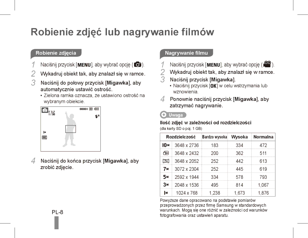 Samsung EC-ES15ZBBA/IT, EC-ES15ZPBA/FR, EC-ES15ZWBA/FR manual Robienie zdjęć lub nagrywanie filmów, PL-8, Nagrywanie filmu 