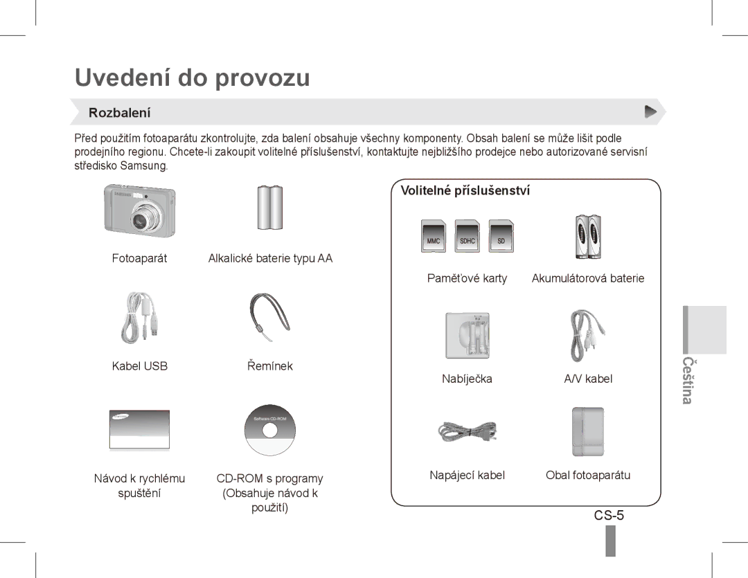 Samsung EC-ES15ZBDA/ME, EC-ES15ZPBA/FR, EC-ES15ZWBA/FR manual Uvedení do provozu, CS-5, Rozbalení, Volitelné příslušenství 