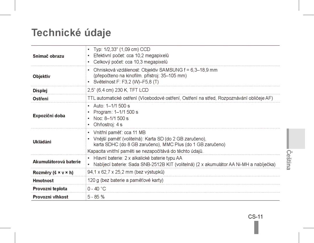 Samsung EC-ES15ZSDA/ME, EC-ES15ZPBA/FR, EC-ES15ZWBA/FR, EC-ES15ZSBA/FR, EC-ES15ZBBA/FR, EC-ES15ZWBA/IT Technické údaje, CS-11 