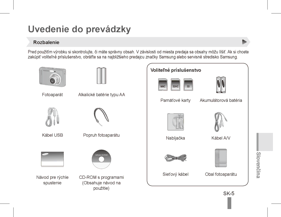 Samsung EC-ES15ZSBA/VN, EC-ES15ZPBA/FR, EC-ES15ZWBA/FR Uvedenie do prevádzky, SK-5, Rozbalenie, Voliteľné príslušenstvo 