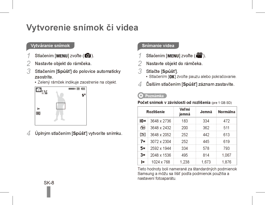 Samsung EC-ES15ZBBA/RU, EC-ES15ZPBA/FR, EC-ES15ZWBA/FR, EC-ES15ZSBA/FR manual Vytvorenie snímok či videa, SK-8, Snímanie videa 