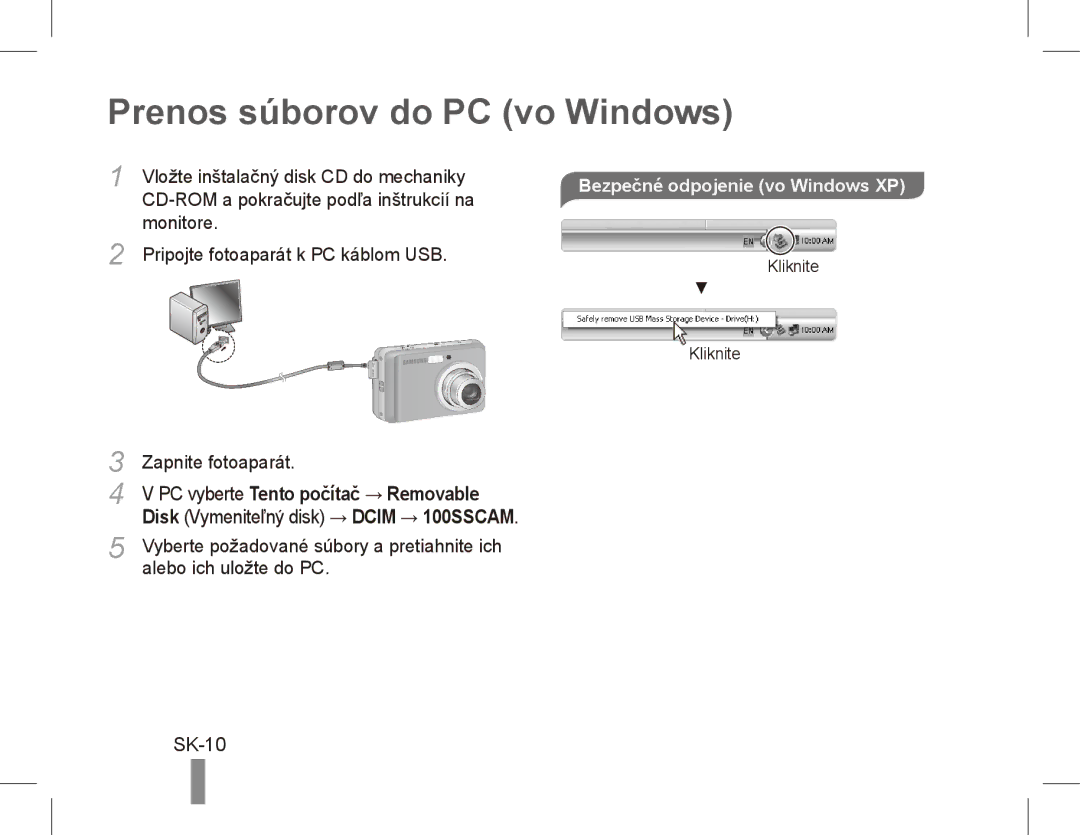 Samsung EC-ES15ZSBA/E3, EC-ES15ZPBA/FR manual Prenos súborov do PC vo Windows, SK-10, Bezpečné odpojenie vo Windows XP 