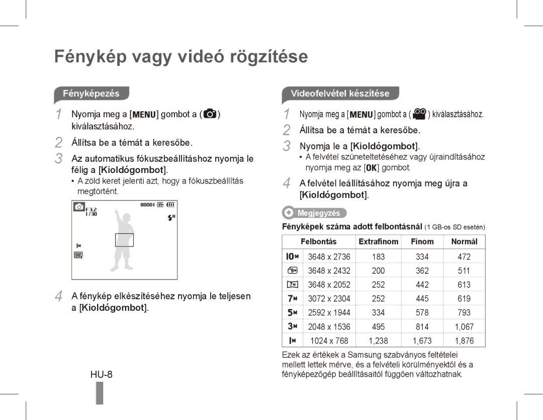 Samsung EC-ES15ZPBA/E2, EC-ES15ZPBA/FR Fénykép vagy videó rögzítése, HU-8, Félig a Kioldógombot, Videofelvétel készítése 