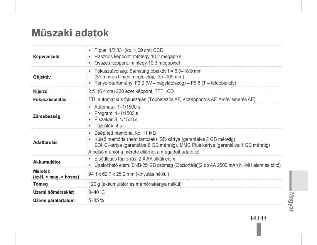 Samsung EC-ES15ZPBA/RU, EC-ES15ZPBA/FR, EC-ES15ZWBA/FR, EC-ES15ZSBA/FR, EC-ES15ZBBA/FR, EC-ES15ZWBA/IT Műszaki adatok, HU-11 