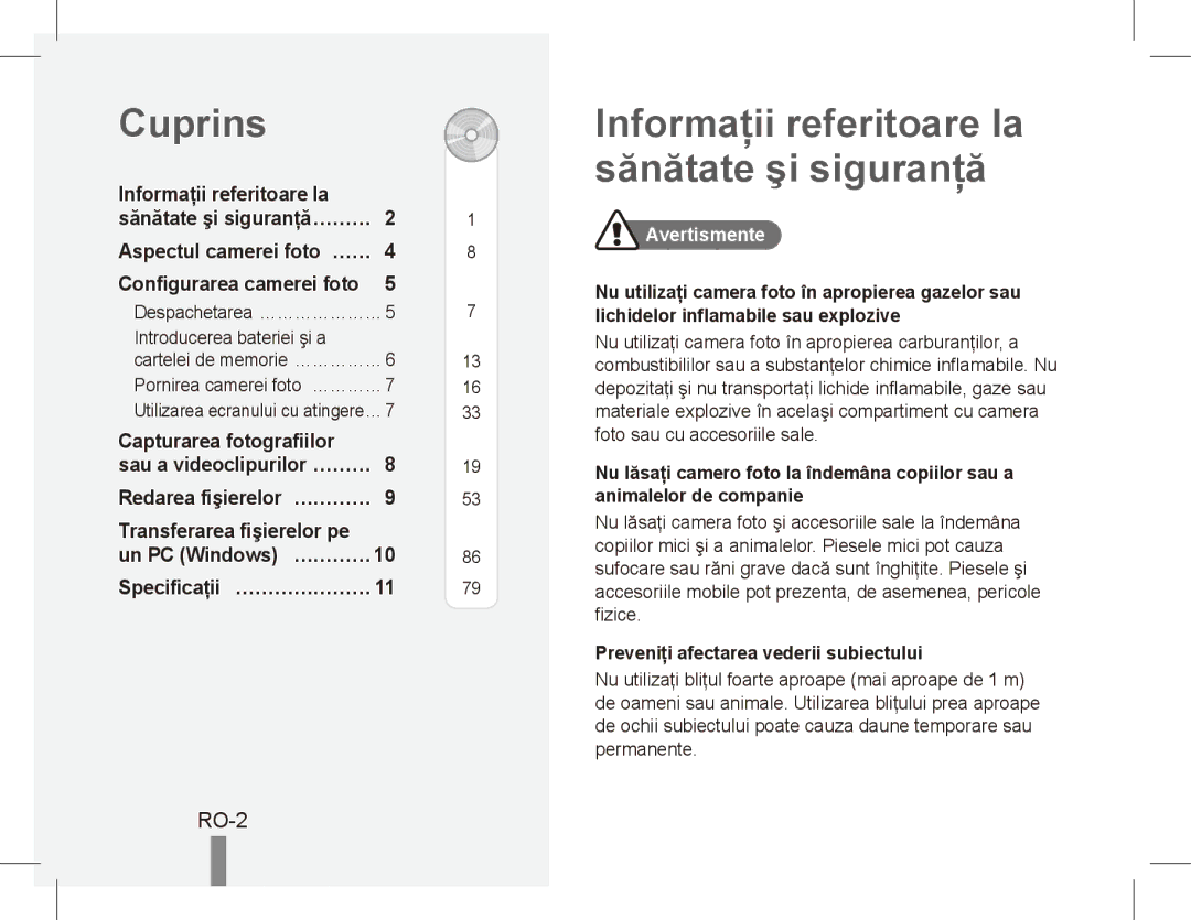 Samsung EC-ES15ZPBA/FR, EC-ES15ZWBA/FR, EC-ES15ZSBA/FR manual Cuprins, Informaţii referitoare la sănătate şi siguranţă, RO-2 