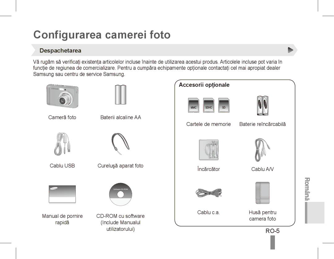 Samsung EC-ES15ZBBA/FR, EC-ES15ZPBA/FR, EC-ES15ZWBA/FR Configurarea camerei foto, RO-5, Despachetarea, Accesorii opţionale 